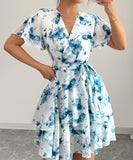 Printed Short Sleeved Cake Dress for Women in Blue Green and Brick Red