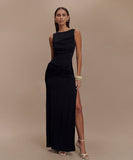 Round-Neck Backless Sleeveless Pleated Slit Dress Elegant Evening Cocktail Party Attire