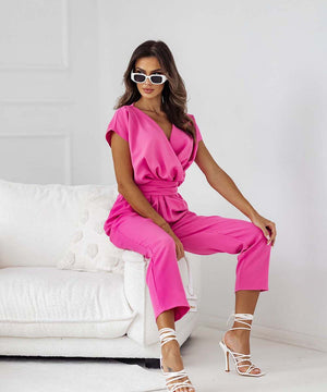 Solid Color V Neck Short Sleeve One Piece Pants for Women