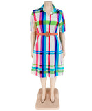 Plus Size Checkered Shirt Dress Short Sleeve Cowl Neck Polyester
