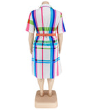 Plus Size Checkered Shirt Dress Short Sleeve Cowl Neck Polyester