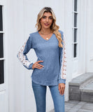V Neck Loose Long Sleeve Lace Contrast Color T Shirt