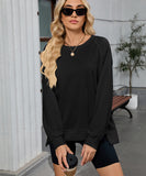 Solid Color Wavy Round Neck Long Sleeve Loose Fitting Shirt