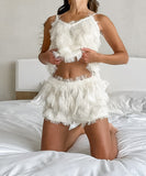 DreamWear Two-Piece Set of Fringed Fashionable Pajamas and Strappy Shorts – Stylish Comfort