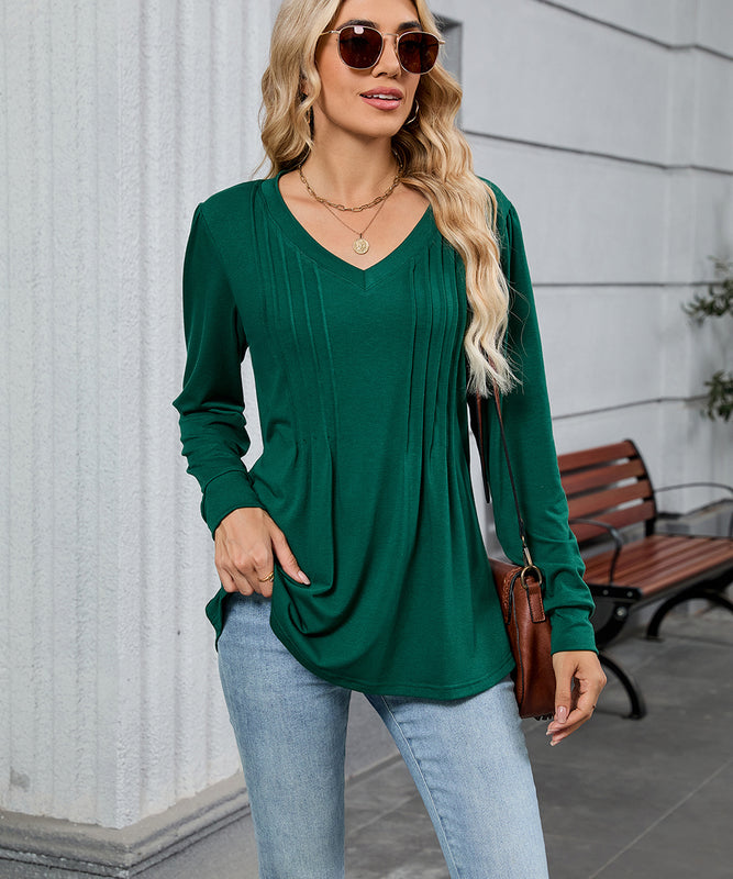 V Neck Striped Loose Long Sleeve T Shirt Nylon Elastane