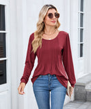 Solid Color Round Neck Striped Loose Long Sleeve T Shirt