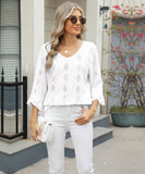 Chic V-neck Diamond Check Hollow-out Jacquard Horn Sleeve Loose T-shirt