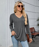 V Neck Striped Loose Long Sleeve T Shirt Nylon Elastane