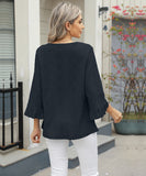 Chic V-neck Diamond Check Hollow-out Jacquard Horn Sleeve Loose T-shirt