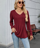 V Neck Striped Loose Long Sleeve T Shirt Nylon Elastane