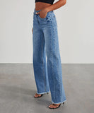 Women Loose Wide Leg Jeans Frayed Bottom And Stitching Blue