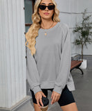 Solid Color Wavy Round Neck Long Sleeve Loose Fitting Shirt