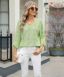 Chic V-neck Diamond Check Hollow-out Jacquard Horn Sleeve Loose T-shirt
