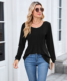 Solid Color Round Neck Striped Loose Long Sleeve T Shirt