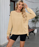 Solid Color Wavy Round Neck Long Sleeve Loose Fitting Shirt