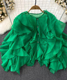 Ruffled Long Sleeve Round Neck Blouse Women Polyester