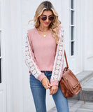 V Neck Loose Long Sleeve Lace Contrast Color T Shirt