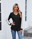 V Neck Loose Long Sleeve Lace Contrast Color T Shirt