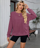 Solid Color Wavy Round Neck Long Sleeve Loose Fitting Shirt