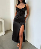 Elegant Flowy Lace Long Dress in Black Navy Wine Green
