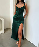 Elegant Flowy Lace Long Dress in Black Navy Wine Green