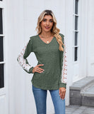 V Neck Loose Long Sleeve Lace Contrast Color T Shirt