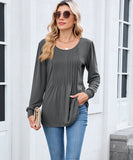 Solid Color Round Neck Striped Loose Long Sleeve T Shirt