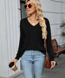 V Neck Striped Loose Long Sleeve T Shirt Nylon Elastane