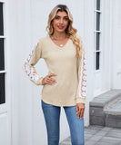 V Neck Loose Long Sleeve Lace Contrast Color T Shirt