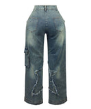 Star Fringe Hem Denim Trousers for Women Loose Straight