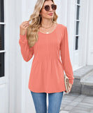 Solid Color Round Neck Striped Loose Long Sleeve T Shirt