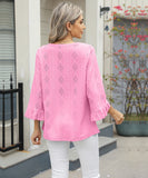 Chic V-neck Diamond Check Hollow-out Jacquard Horn Sleeve Loose T-shirt