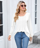 Solid Color Round Neck Striped Loose Long Sleeve T Shirt