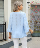 Chic V-neck Diamond Check Hollow-out Jacquard Horn Sleeve Loose T-shirt