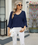 Chic V-neck Diamond Check Hollow-out Jacquard Horn Sleeve Loose T-shirt