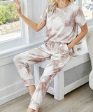 Comfortable Pocket Short-Sleeved Home Wear Pants Set in Brown