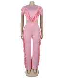 Solid Color Short Sleeve Stretch Fringed Clothing Set