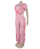Solid Color Short Sleeve Stretch Fringed Clothing Set