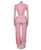 Solid Color Short Sleeve Stretch Fringed Clothing Set