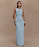 Round-Neck Backless Sleeveless Pleated Slit Dress Elegant Evening Cocktail Party Attire