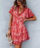 Casual Vacation Style Floral Print Half Skirt Dress for Women