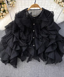 Ruffled Long Sleeve Round Neck Blouse Women Polyester