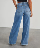 Women Loose Wide Leg Jeans Frayed Bottom And Stitching Blue