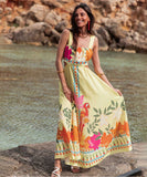 Classic Printed Maxi Dress With Wide Straps Bright Yellow