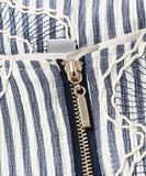 Embroidered Striped Round Neck Long Sleeve Women Jacket Blue