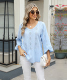 Chic V-neck Diamond Check Hollow-out Jacquard Horn Sleeve Loose T-shirt