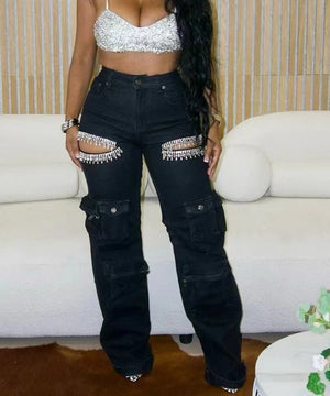 Multi Pocket Hand Drilled Washed Denim Jeans for Casual Style