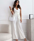 Chic Relaxed V Neck Sleeveless Jumpsuit in Solid Colors