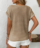 Seamed Knit V Neck Button Up Short Sleeve Top Elastane