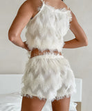 DreamWear Two-Piece Set of Fringed Fashionable Pajamas and Strappy Shorts – Stylish Comfort